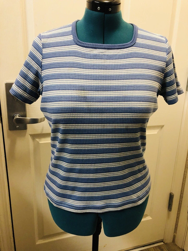 Classic Elements Women’s Blue & White Striped Short Sleeve T-Shirt Sz. PL - Image 1 of 4