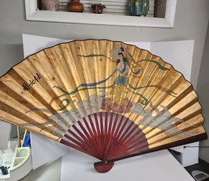 Decorative XL Vintage Asian Fan Handpainted With Gold Leaf - Picture 1 of 11