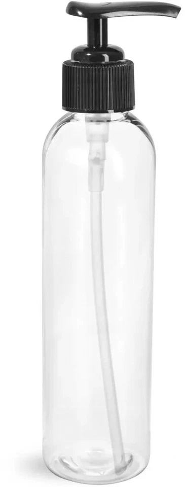 Botellas redondas transparentes de PET Cosmo de 8 oz con bombas de loción negras Foto 1 de 1