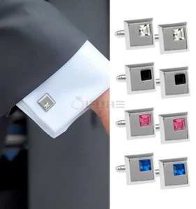 Square Stainless Steel Silver Plated Cufflinks Men's Crystal CZ Cufflink Jewelry - Picture 1 of 48