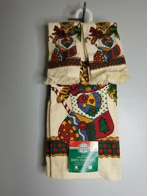 Vintage Christmas Stocking Cat Towel Set  3 pc Distressed  Foto 1 de 4