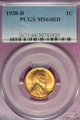 1938 D- PCGS MS64RD LINCOLN WHEAT CENT #B45605 - Image 1 of 2