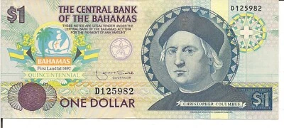 BAHAMAS,$1 , P#50, CHRISTOPHER COLUMBUS, ND(1992), COMMEMORATIVE ISSUE, UNC - Image 1 of 2