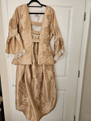 Chaqueta y falda colonial hecha a mano reproducción de seda dorada Foto 1 de 4