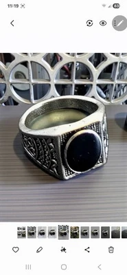 JUEGO DE BISEL ÉBANO ÓNIX CALIDAD TITANIO PLATA EN RELIEVE NUEVO ANILLO PARA HOMBRE TALLA 8 Foto 1 de 4