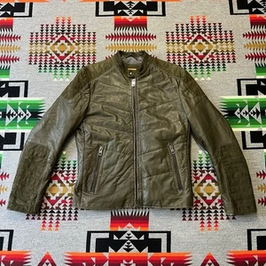 Hugo Boss Men's Green Leather Motorcycle Jacket Zip Orange Label Size US 38R B3 - Picture 1 of 13