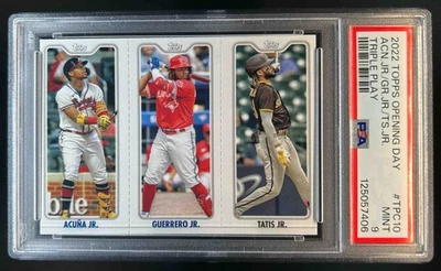 2022 Topps Opening Day Ronald Acuna Jr Guerrero Fernando Tatis Triple Play PSA 9 - Image 1 of 2
