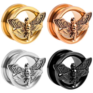 Motte Schraub Flesh Tunnel Ohr Piercing Plug Gold Schwarz Silber Moth beiter Ran - Bild 1 von 7