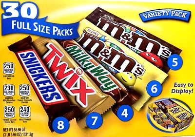 30 Mars Full Size Candy Bars Snickers, M&M's Peanuts, Twix, Milky Way ED 12/2026 - Image 1 of 4