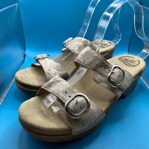 Women's Dansko Sophie Beige/Gray Buckle Strap Sandals Wood Wedge Sz. 10US/40 EU. - Picture 1 of 11