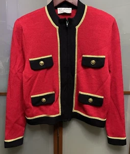 St. John Collection Vintage Red Black & Gold Trim Santana Knit Zip Jacket Size M - Picture 1 of 11