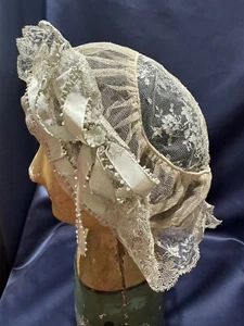 Antique Lace Trimmed Boudoir Hat Edwardian Flapper Dust Night Cap Blue Ribbon Tr - Picture 1 of 8
