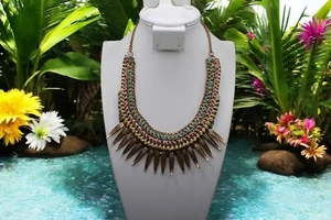 Statement Bib Necklace Gold Tone Feathers Pink Blue Braided 17" - Picture 1 of 5