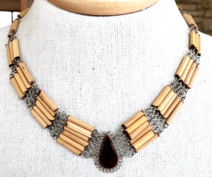 Collar De Colección Perú Obsidiana Roja Tono Plata Alambre Tubo Bambú Cuentas 18" - Imagen 1 de 4