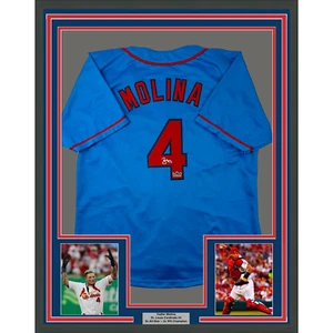 Framed Facsimile Autographed Yadier Molina 33x42 Blue Reprint Laser Auto Jersey - Picture 1 of 2