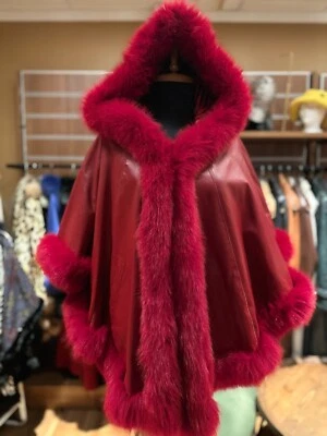 BrandNew Women's Reversible Red LambSkin Leather Poncho - Cape With Fox Fur - Image 1 of 4