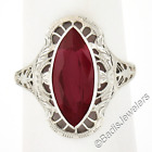 Antique Art Deco 10K Gold Bezel Marquise Shape Ruby Open Filigree Solitaire Ring