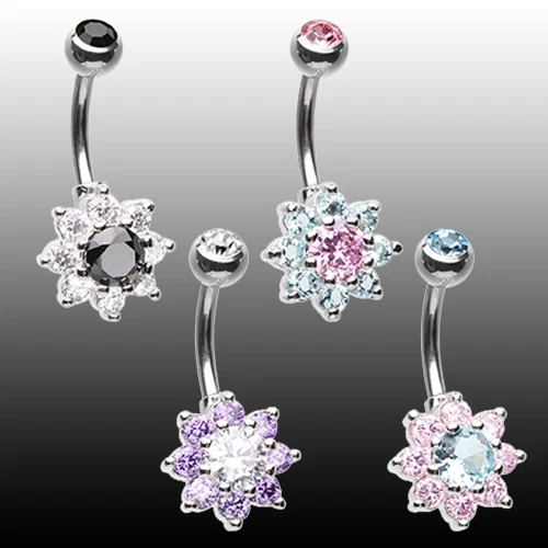 Luxuriant Spring Flower Cubic Zirconia Belly Ring Black Clear Purple Pink Aqua - Image 1 of 1