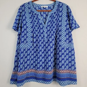Rose & Olive flutter sleeve pleated split neck top sz 2X blue boho contrast hem - Picture 1 of 8