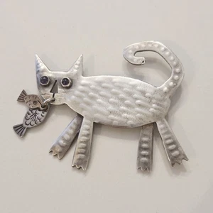 Vintage Rare MIMI MUSGROVE Sterling Silver 925 Cat Dangle Fish Stone Eyes Brooch - Picture 1 of 8