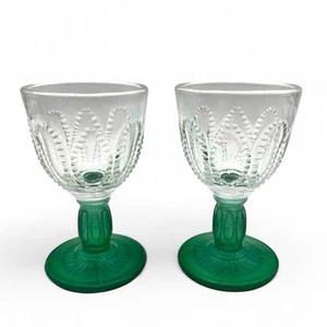 Vintage Emerald Green Stem Beaded Cordial Glass Goblets Set Of 2 - Picture 1 of 4