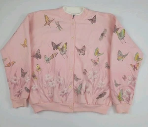 Vintage 90s Butterfly Dragonfly Flower Pattern Cardigan Sweatshirt USA Artisans - Picture 1 of 7