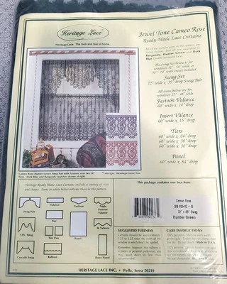 复古 Heritage 蕾丝窗帘 珠宝色调浮雕玫瑰猎人 绿色 72x39 Swag NOS  — 第 1/4 张图片