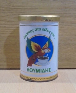LOUMIDIS PAPAGALOS GREEK COFFEE ADVERTISIGN VTG TIN CYLINDER BOX EMPTY - Picture 1 of 17