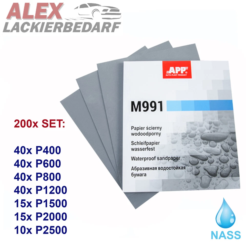 200x SET P400-P2500 APP Nass Schleifpapier Bogen 230 x 280 mm Wasserfest   - Bild 1 von 1