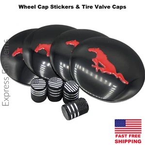 4 Ford Mustang Wheel Cap Hub Sticker Decals 2.20" 56mm & 4 Tire Valve Stem Caps - Picture 1 of 9
