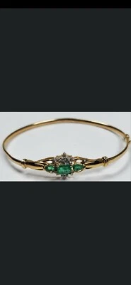 14k Yellow Gold Emerald Color Stones Round Diamonds Bangle Bracelet 1.50 Ctw — 第 1/3 张图片