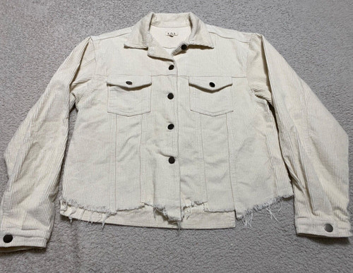 OFF WHITE Giacca media donna POL bianco sporco velluto a coste orlo grezzo invecchiato camionista con bottoni