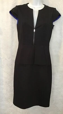 Elie Tahari Lanetta Dress Black Cap Sleeve Stretch Blue Trim Nwt Size 4 - Image 1 of 4