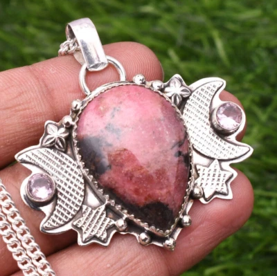 Pingente de rodonita pedra preciosa prata esterlina 925 joias feitas à mão 2,10" - Imagem 1 de 4