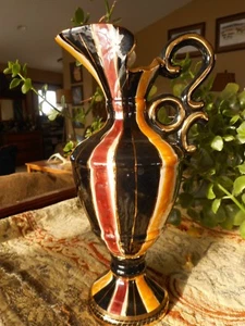 Belgium Pottery Stripe H Bequet Quaregnon Vintage Pitcher Black Yellow Red Gold - Picture 1 of 12