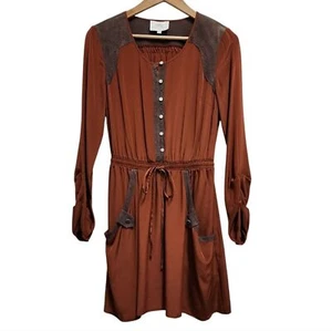 Madison Marcus Silk Dress S Rust Brown Ruched Sleeve Pocket Drawstring Western - Picture 1 of 8