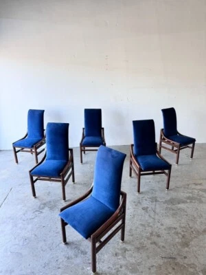 Juego de 6 sillas de comedor MCM Henredon Scene One de terciopelo azul real campaña Parsons Foto 1 de 4