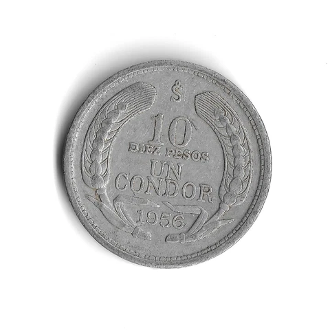 1956 Chile 10 Pesos / 1 Condor World Coin - Mintage 13,100,000 - KM# 181 Cover