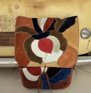 70’s Char Mexican Patchwork Leather Backpack Handbag Purse Rucksack Bag Lotus - Picture 1 of 11