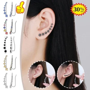 1pair Seven Star Stud Earrings, 7 Crystals Leaf Shape Ear Climber - Picture 1 of 17
