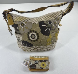 Fossil Hobo Shoulder Bag And Wallet Yellow Floral Canvas Purse Boho Key Handbag - Picture 1 of 18