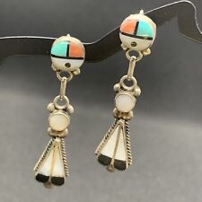 NATIVE AMERICAN STERLING SILVER ZUNI INDIAN INLAY CORAL & TURQUOISE EARRINGS.