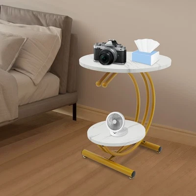 2-Tier Round End Table White Color End Table with Storage Shelf for Living Room - Image 1 of 4