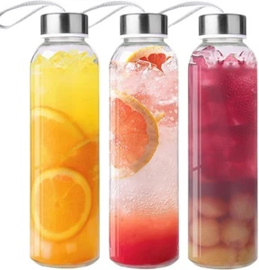 3 Packs Glass Water Bottles with Lid Clear Juice Bottles Reusable Bottle - Picture 1 of 6