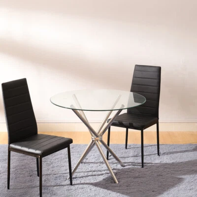 Cross Base Glass Round Dining Table 2/4 Chairs Optional Lounge Bar Home Office - Image 1 of 3