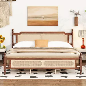 King Size Pine Wooden Bed with Rattan Headboard Footboard Wood Slatted Walnut - Picture 1 of 14