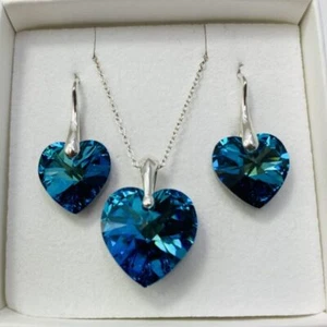 Juego de pendientes colgantes collar corazón plata 925 azul hecho con cristales austriacos - Imagen 1 de 8