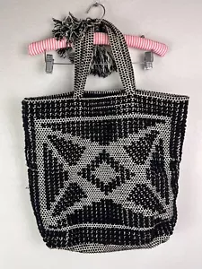 Abercrombie & Fitch Black White Woven Tote Bag Boho Ethnic Geometric Beach - Picture 1 of 5