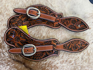 MENS Two Tone Genuine Leather Richly Floral Tooled Western Pair Spur Straps  