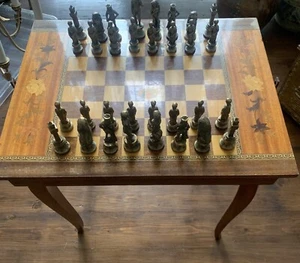 Vintage Inlaid Wooden Chess Table And Pieces With Music . Brass Pewter Pieces - Picture 1 of 22